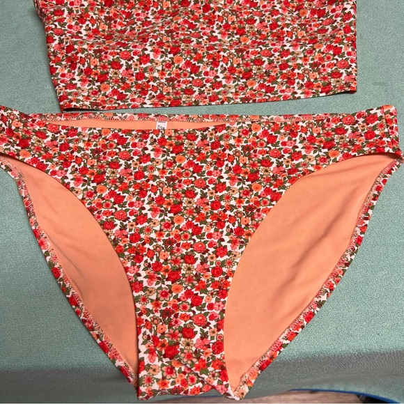 Aerie red Floral Bikini Set with Ruffle Straps and orange lining more coverage - Picture 2 of 8